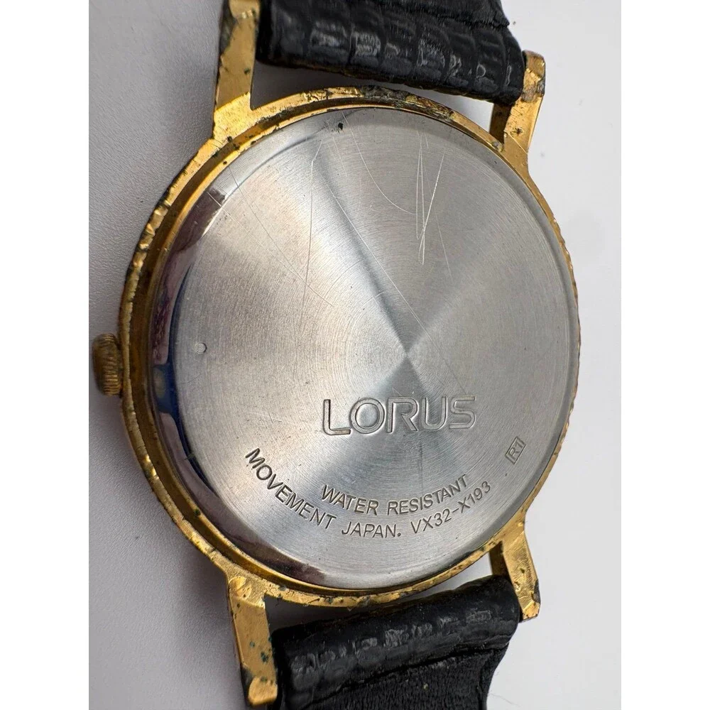 Lorus Men's Watch Blue Dial Date Gold-Tone Case Black Leather Strap VX32-X193